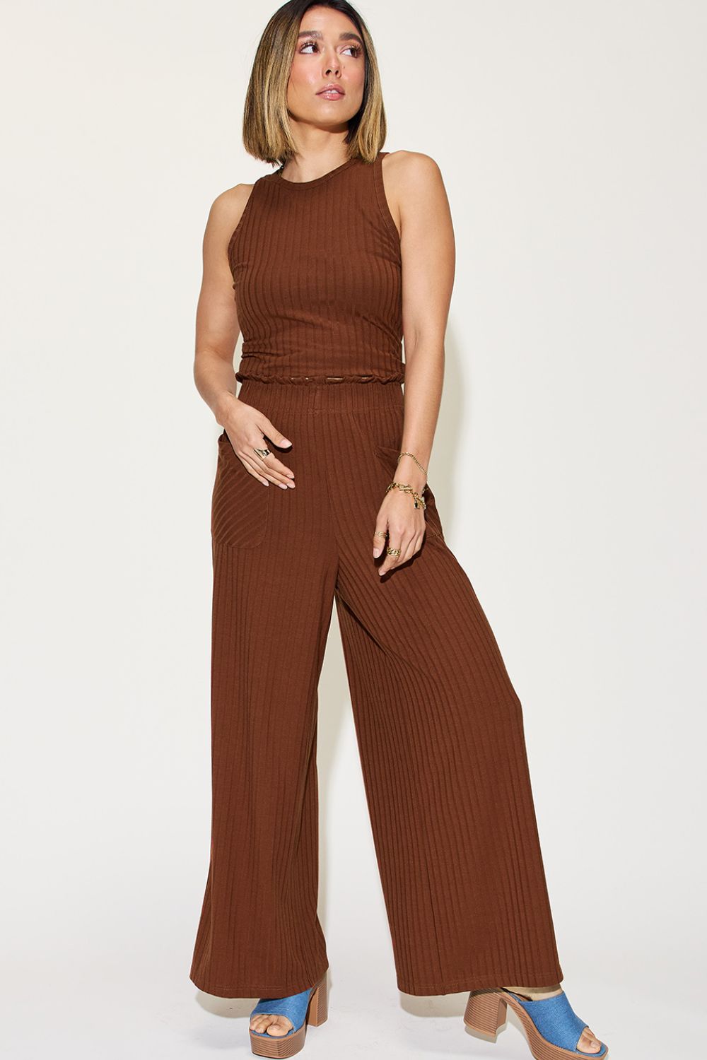 KESLEY Matching Fashion Set Women's  Ribbed Tank and Wide Leg Pants Set Petite and Plus Size Fashion