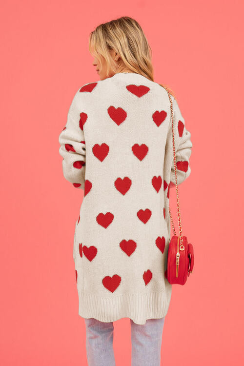 Heart Graphic Open Front Cardigan with Pockets Fashion Sweater