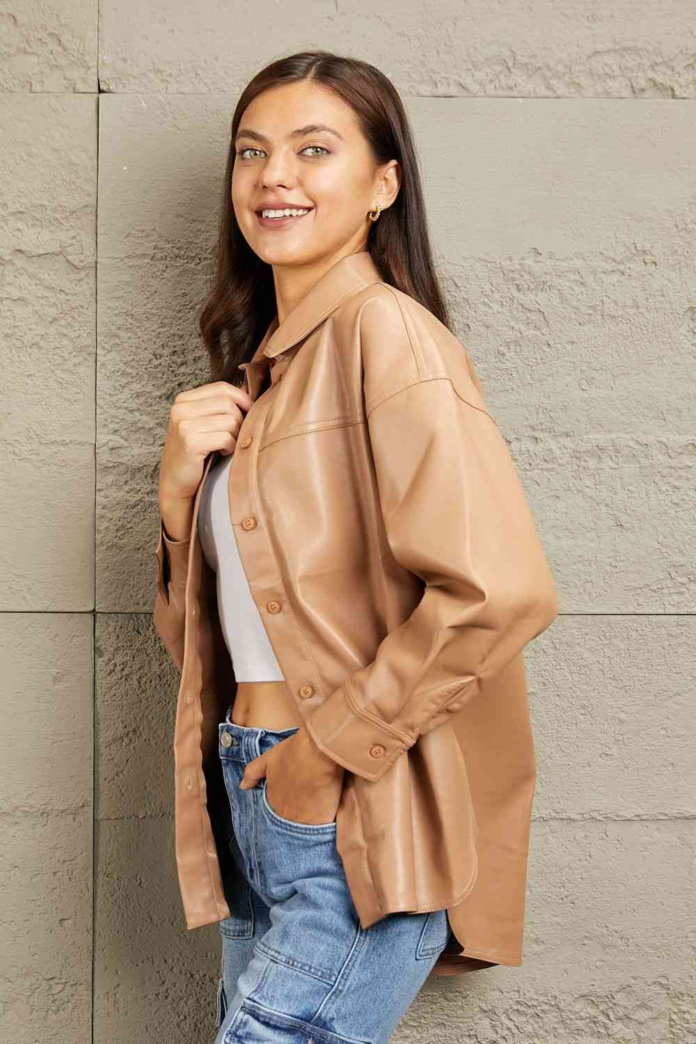 Vegan Leather Button Down Shirt Jackets & Coats