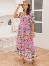 Pink Boho Plus Size Printed Square Neck Ruffle Hem Dress