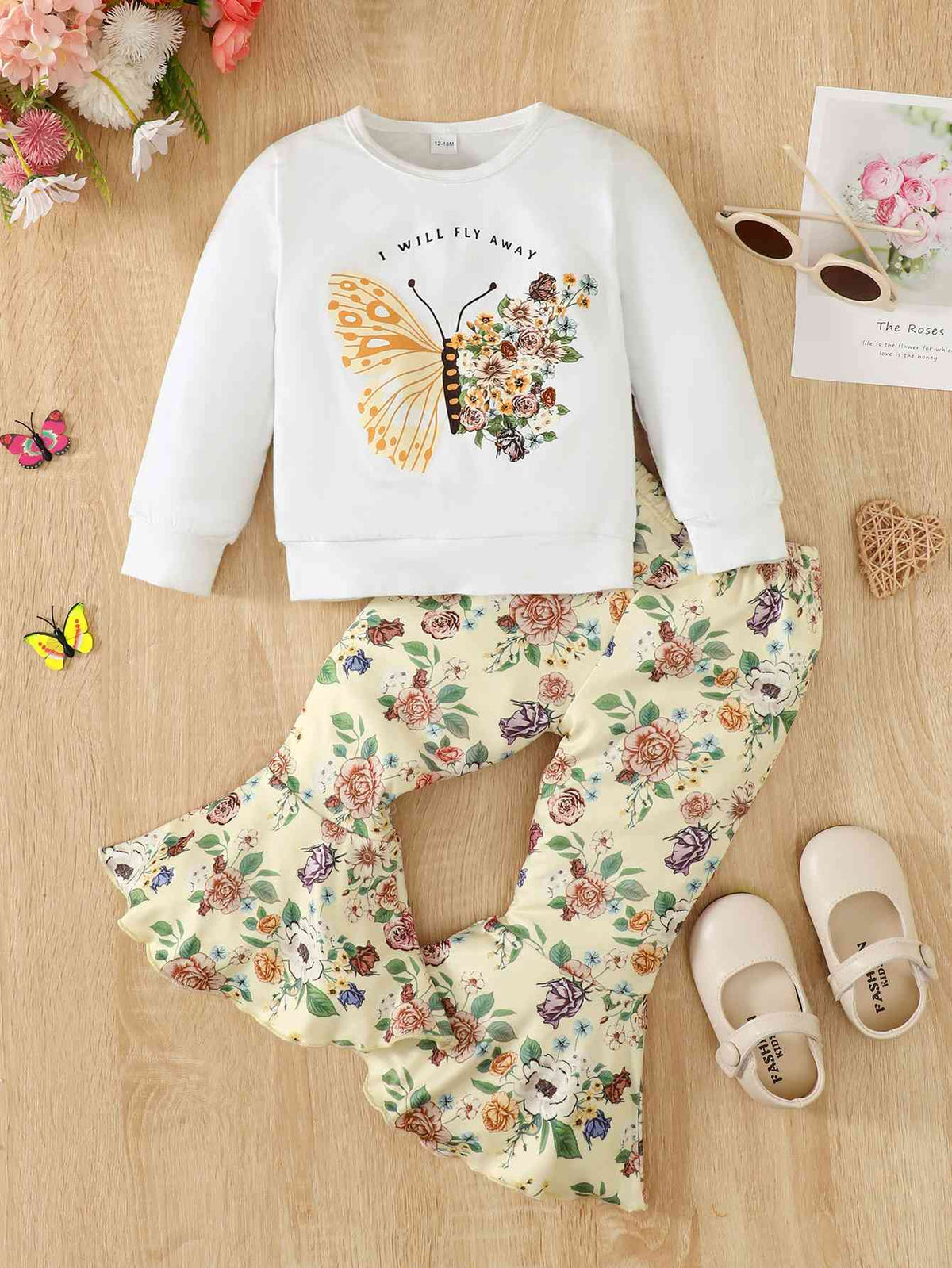 I Will FLY AWAY Butterfly Graphic Tee and Floral Print Flare Pants Kit Girl Kids Fashion and Clothing