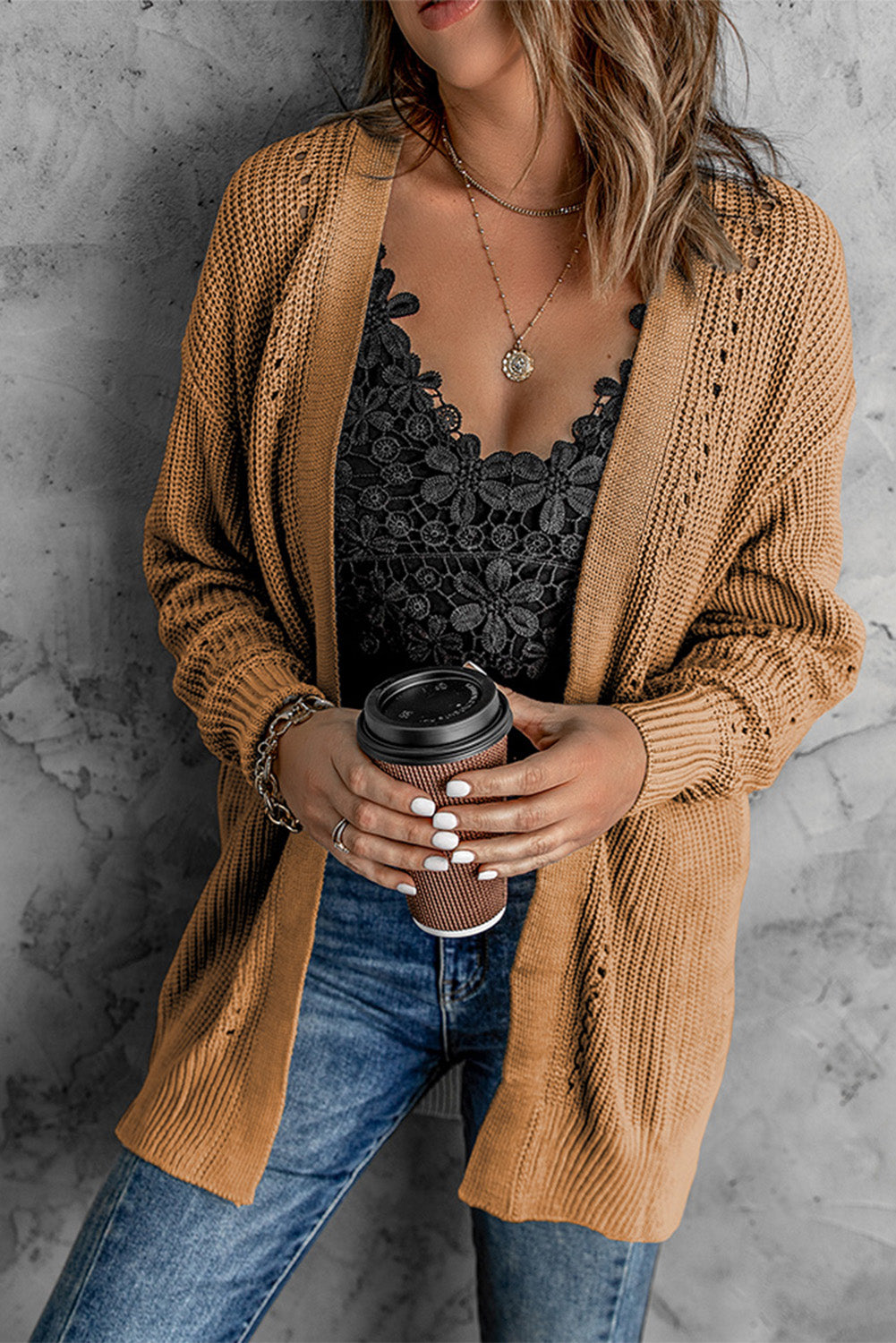 Woven Right Openwork Rib-Knit Slit Cardigan