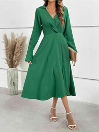 Women's Green Flare Sleeve Slit Midi Dress Professional Work Attire and Casual Wear