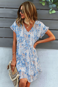 Printed V-Neck Short Sleeve Tiered Casual Dress