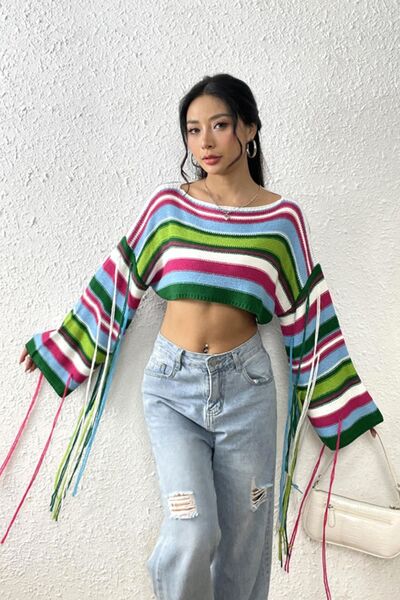 Crop Top Fringe Striped Round Neck Long Sleeve Knit Cropped Sweater