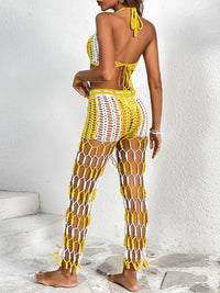 Crochet Two Piece Outfit Set Swimsuit Cover Up Cutout Halter Neck Crop Top and Pants Two-Piece Swim Set