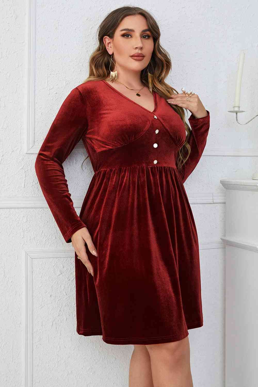 Melo Apparel Plus Size V-Neck Decorative Button Knee Length Dress