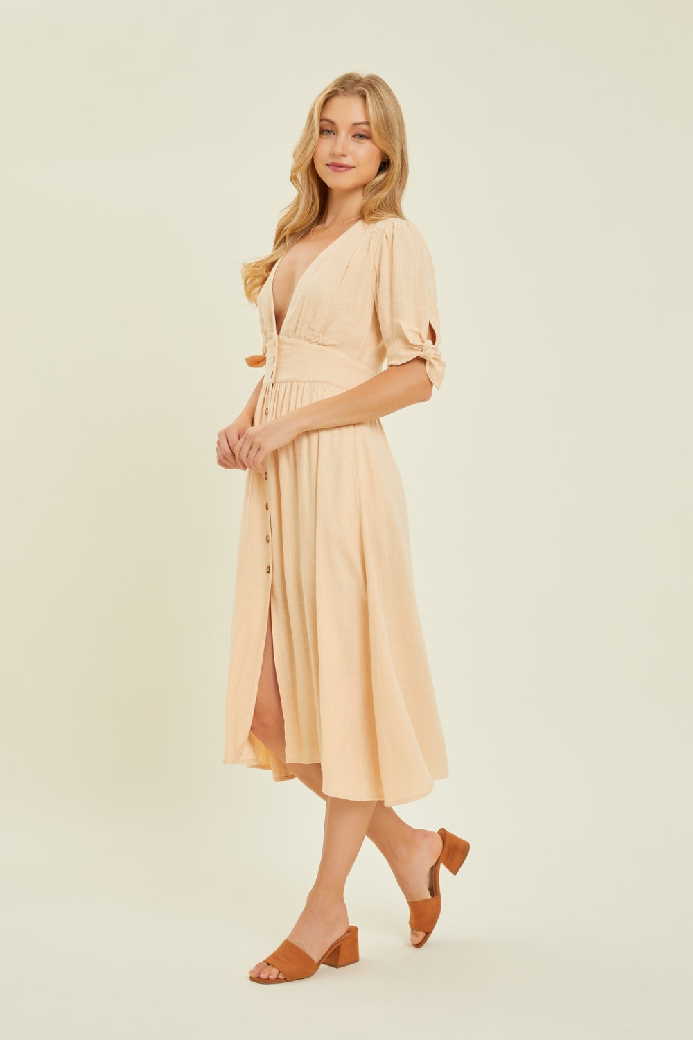 KESLEY Linen V-Neck Button-Down Midi Dress Petite and Plus Size Women’s Fashion Casual Dresses