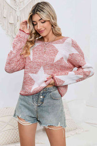 Womens 100% Cotton Fashion Sweater Star Pattern Long Sleeve Knit Top