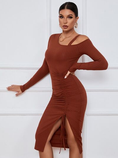 KESLEY Off the Shoulder Ribbed Ruched Drawstring Wrap Slit Long Sleeve Dress