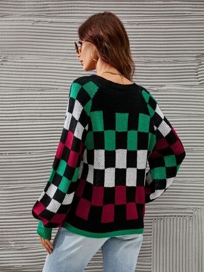 Checkered Sweater  V-Neck Lantern Sleeve Womens Fashion