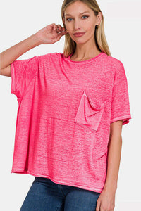 Pink T-Shirt Pocketed Round Neck Dropped Shoulder Top