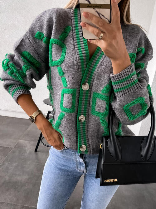 Geometric Dropped Shoulder Button Down Sweater Cardigan