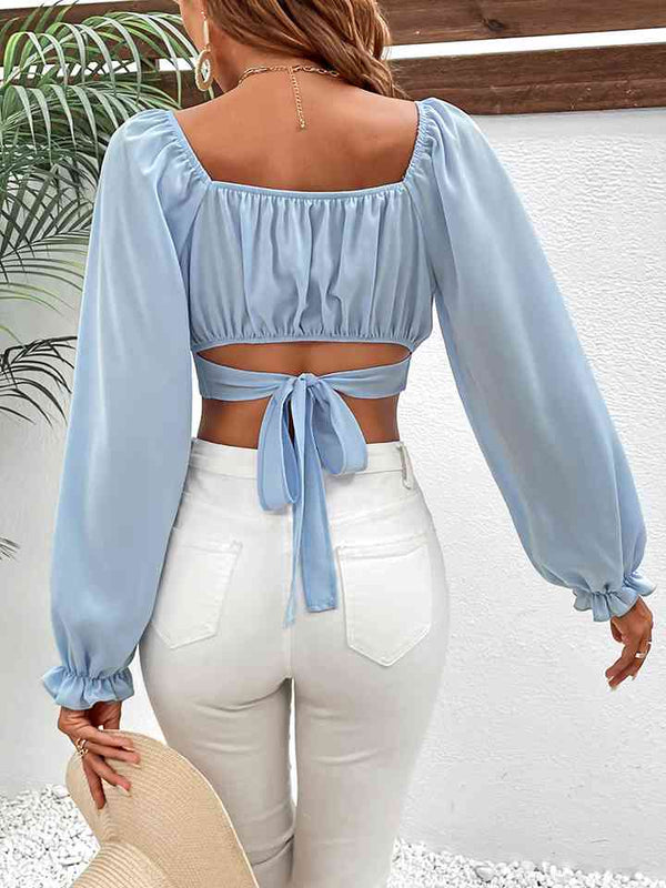 Womens Casual Blue Long Sleeve Cropped Blouse Crop Top