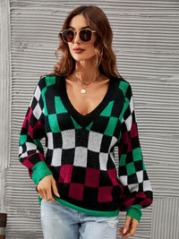 Checkered Sweater  V-Neck Lantern Sleeve Womens Fashion