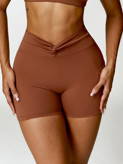 Activewear Sports Shorts with Pockets Sexy Twisted High Waist Nylon