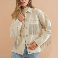 Fringe Denim Jacket Detail Dropped Shoulder Pink Shacket