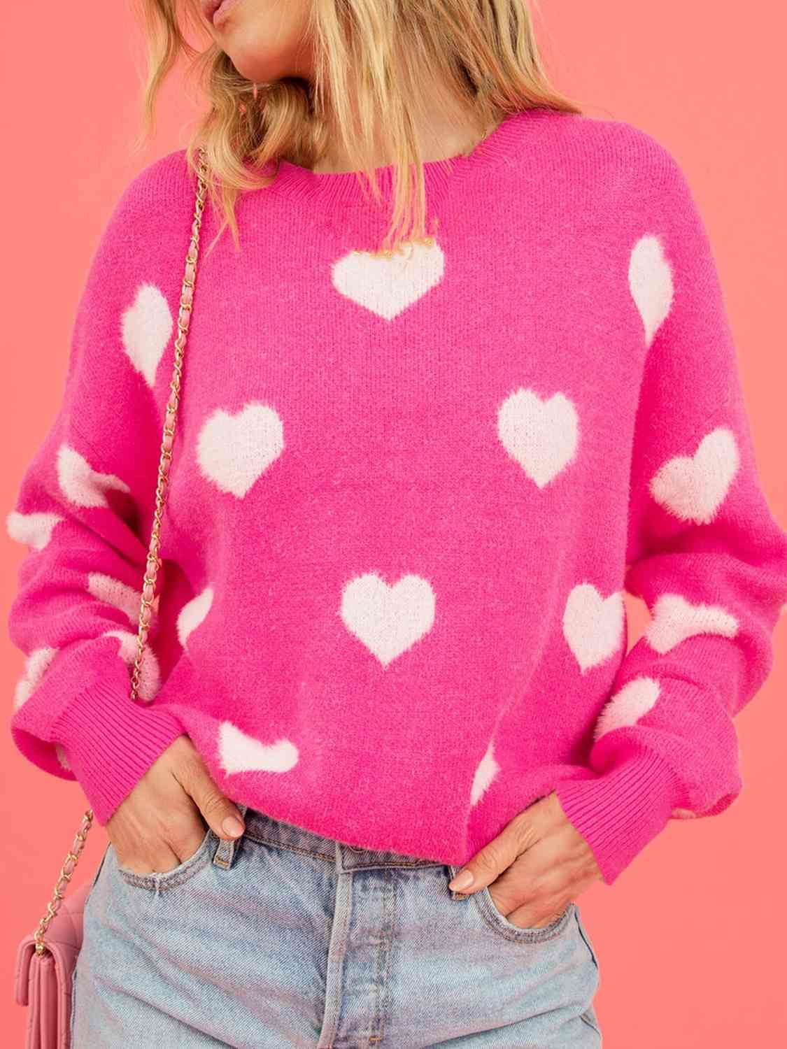 sweaters, round neck sweater, cute pink sweater, heart filled sweaters, valentines sweaters, birthday gifts, anniversary gifts, cute sweaters, pink sweaters, pink clothes