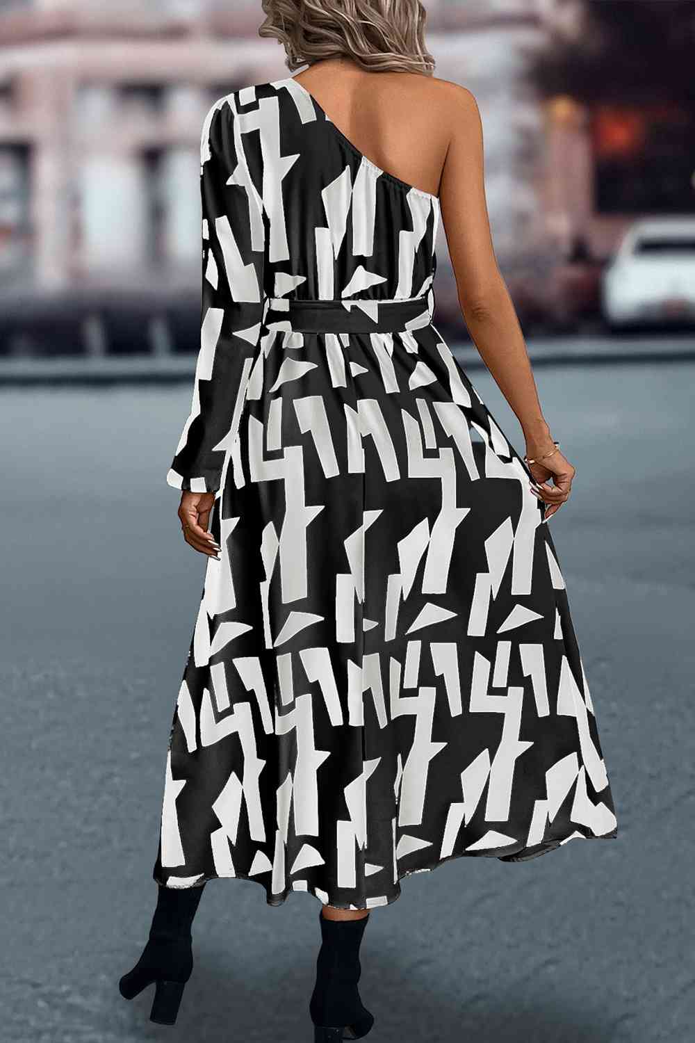 White and Black Printed One-Shoulder Tie Waist Long Dress