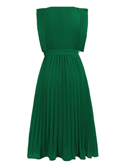 Round Neck Tie -Waist Pleated Short Sleeve Midi Dress Womens Fashion