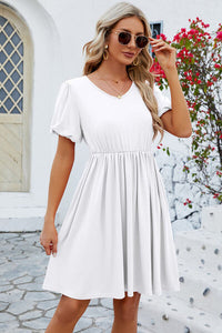 Womens V-Neck Balloon Short Sleeve Dress