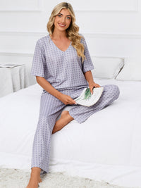 Ladies Pajamas Printed V-Neck Top and Pants Lounge Set