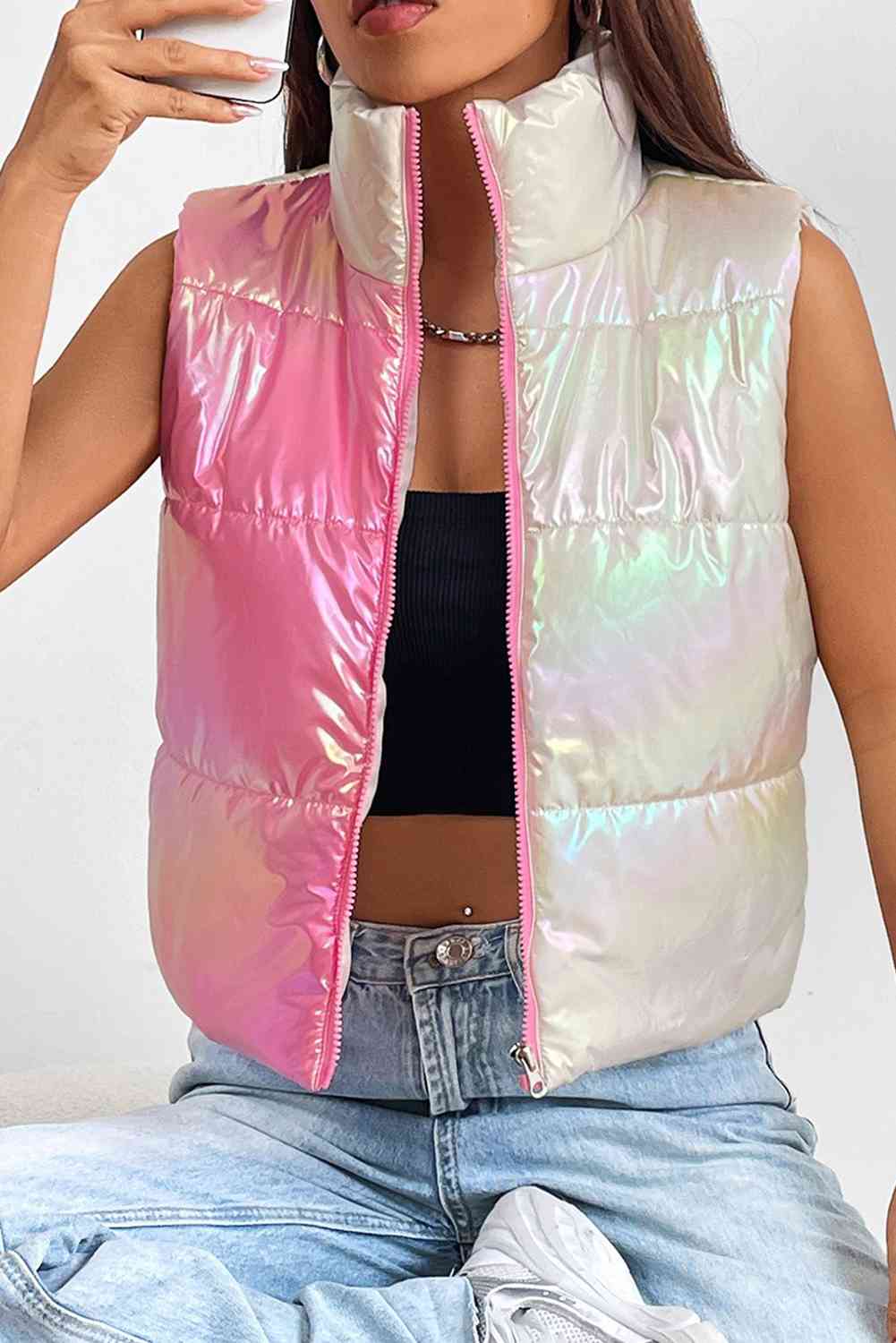 pink vest, womens vest, coats, winter coats, vests, sexy clothes, warm clothes, warm clothing, sparkly coats, nice jackets, fashionable clothes, outfit ideas, cute vest, nice clothes, womens clothing, casual clothing