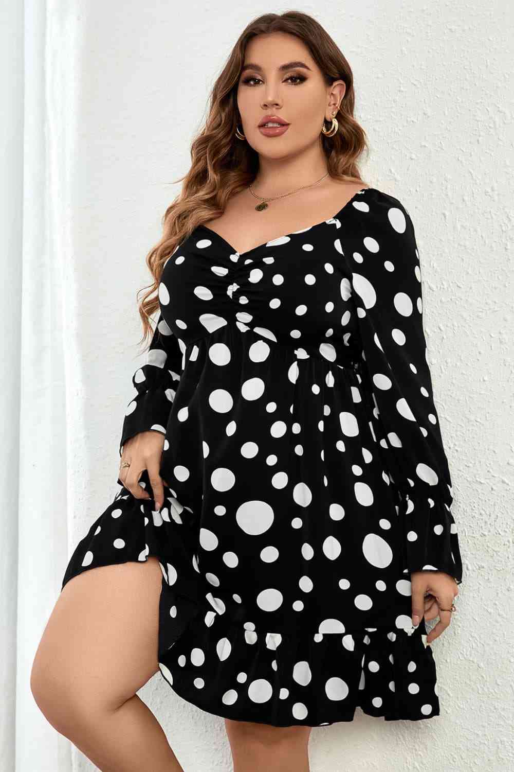 Plus Size Polka Dot Sweetheart Vacation Neck Flounce Sleeve Mini Dress