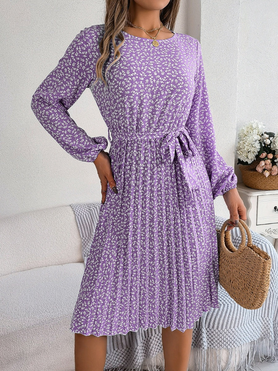 Ditsy Floral Tie Waist Pleated Long Sleeve Dress Women's Casual Wear and Workwear Fashion