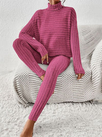 Womens Ribbed Turtleneck Top and Pants Set Loungewear Casual Fashion Sets