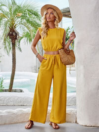 womens clothing, fashion sets, crop top, short sleeve top, vacation outfit ideas, mustard yellow shirt, mustard yellow pants, cute clothes, nice outfits,  cheap clothes, comfortable womens clothing, casual womens clothing  