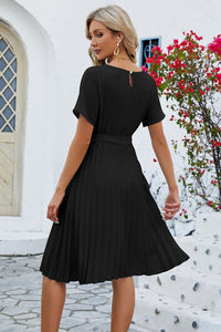 Ladies Pleated Tie Waist Short Sleeve Short Dress