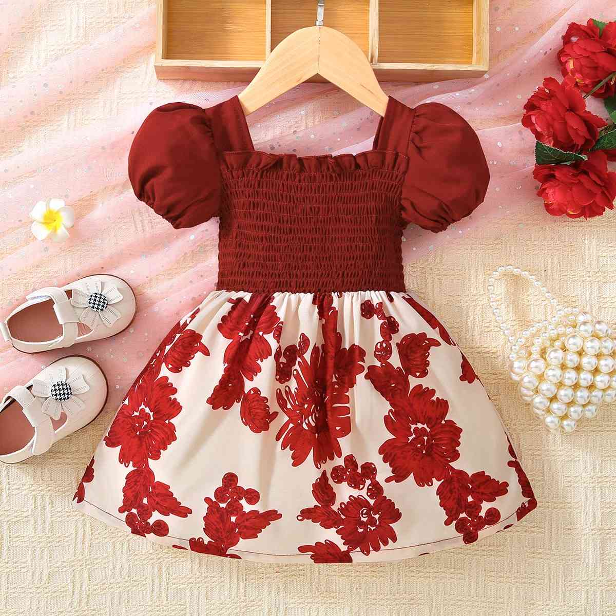 Baby Girl Floral Frill Trim Square Neck Smocked Dress Baby Clothing and Fashion