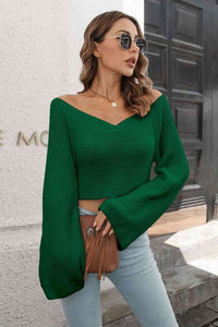 Cropped Fashion Sweater Top V-Neck Flare Long Sleeve Knit Crop Top Women’s casual wear