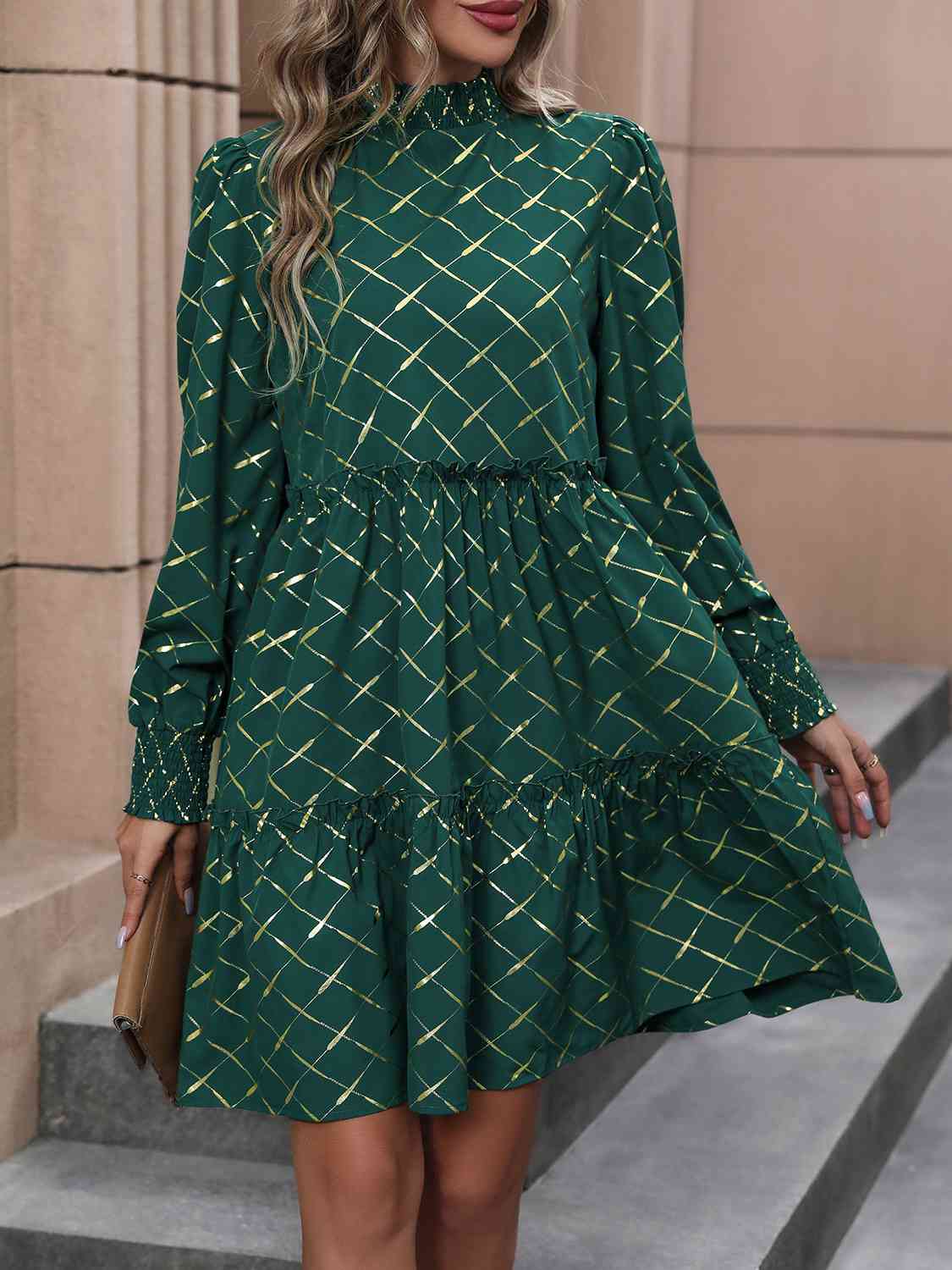 Mock Neck Frill Trim Long Sleeve Mini Dress