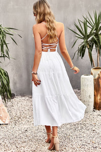 Casual Maxi Dress Backless Cutout Vacation Fashion Women's Boho Fashion Smocked Lace-Up Tiered Dress KESLEY