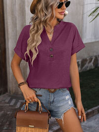 Notched Buttoned Short Sleeve T-Shirt Womens Tops