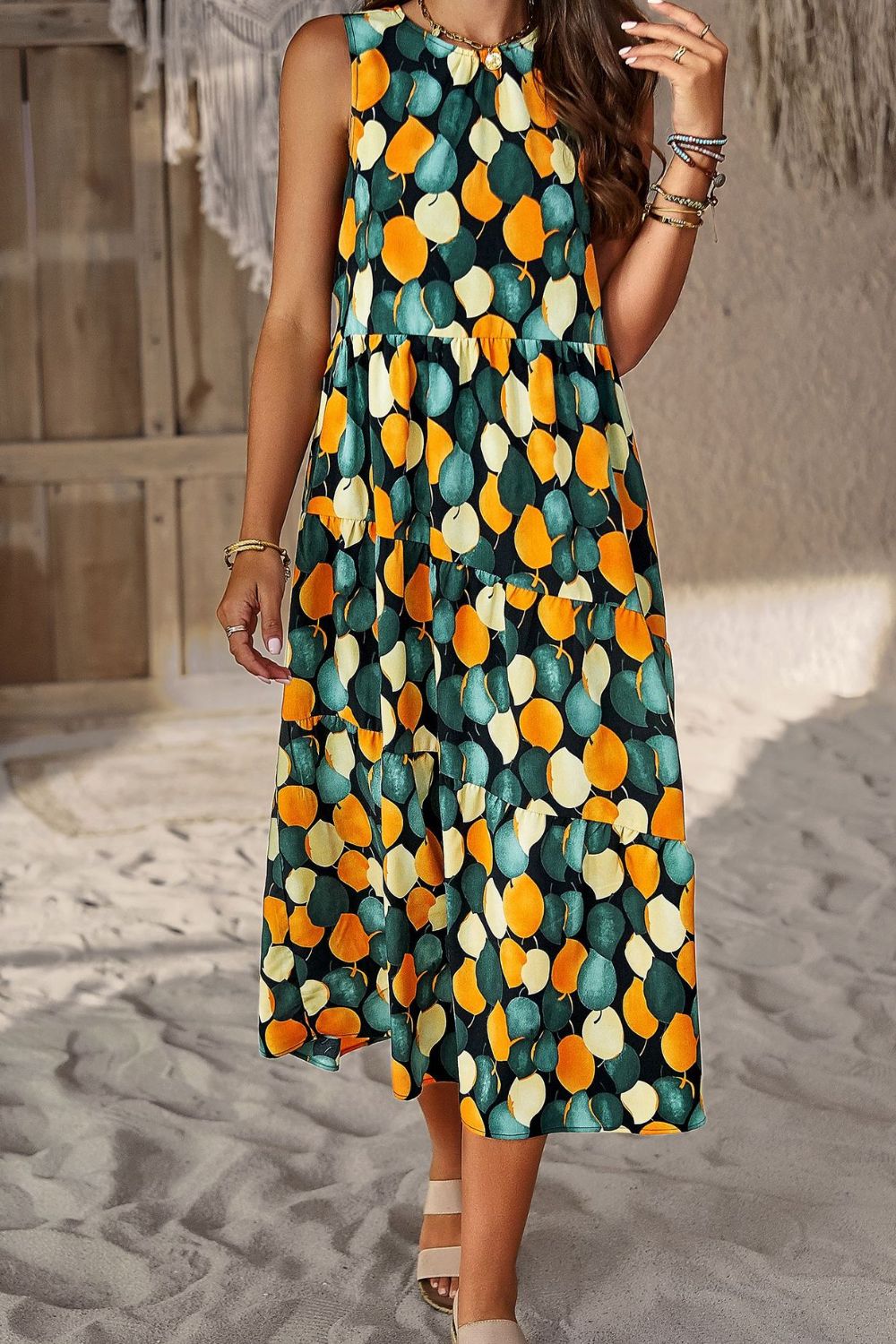 Womens Casual Holiday Vacation Dress Printed Sleeveless Midi Dress with Pocket Maxi dress