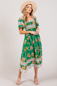 KESLEY Boho Printed Smocked Short Sleeve Midi Dress