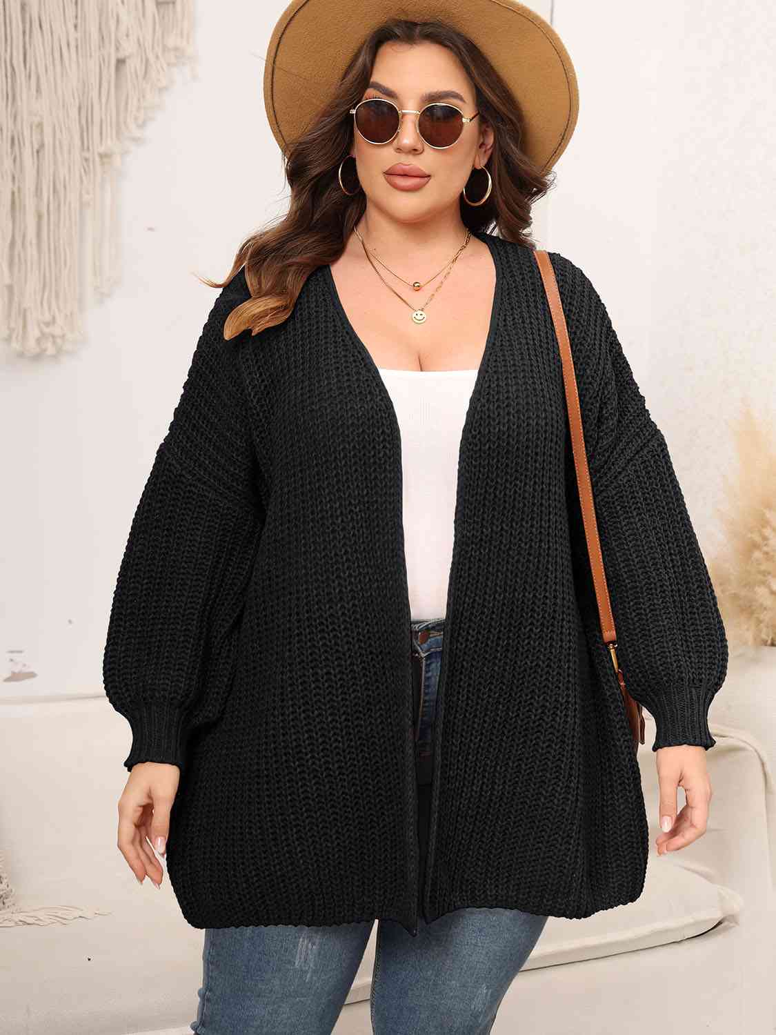 Plus Size Open Front Dropped Shoulder Knit Cardigan Fashion Sweater