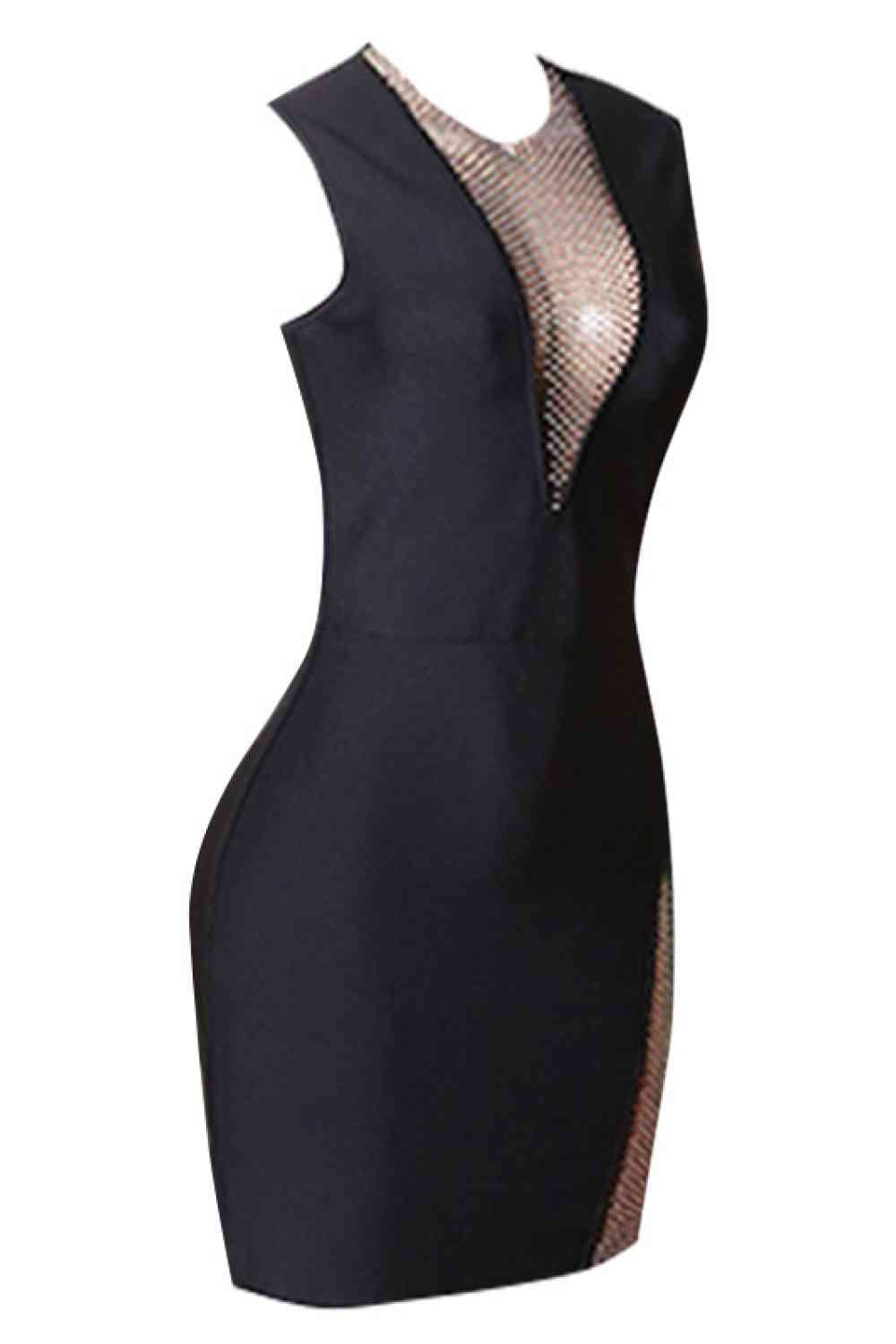 Womens Sexy Mini Dress Rhinestone Detail Spliced V Neckline See Through Mesh Sleeveless Short Dress