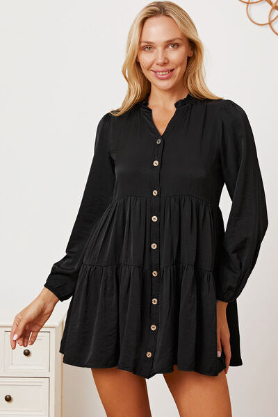 Ruffled Button Up Long Sleeve Tiered Shirt Dress