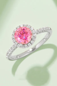 rings, moissanite rings, round rhinestone rings, round moissanite rings, pink rings, moissanite rings, diamond rings, pink diamond rings, sterling silver rings, .925, waterproof rings, round halo rings, nickel free rings, jewelry, fashion jewelry, accessories, statement rings, promise rings, designer jewelry