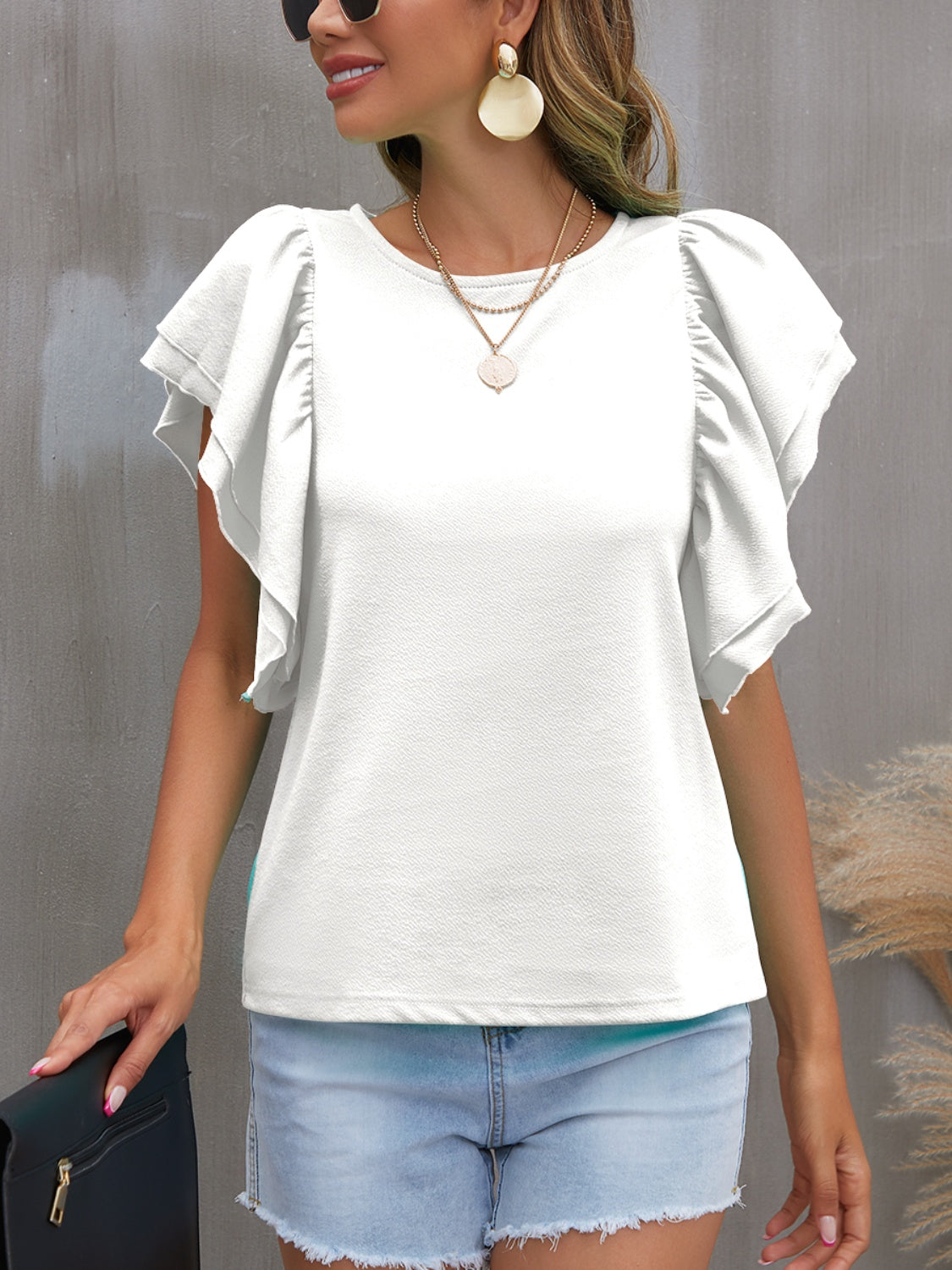 Round Neck Flounce Sleeve Blouse Solid Color Women's Short Sleeve Top