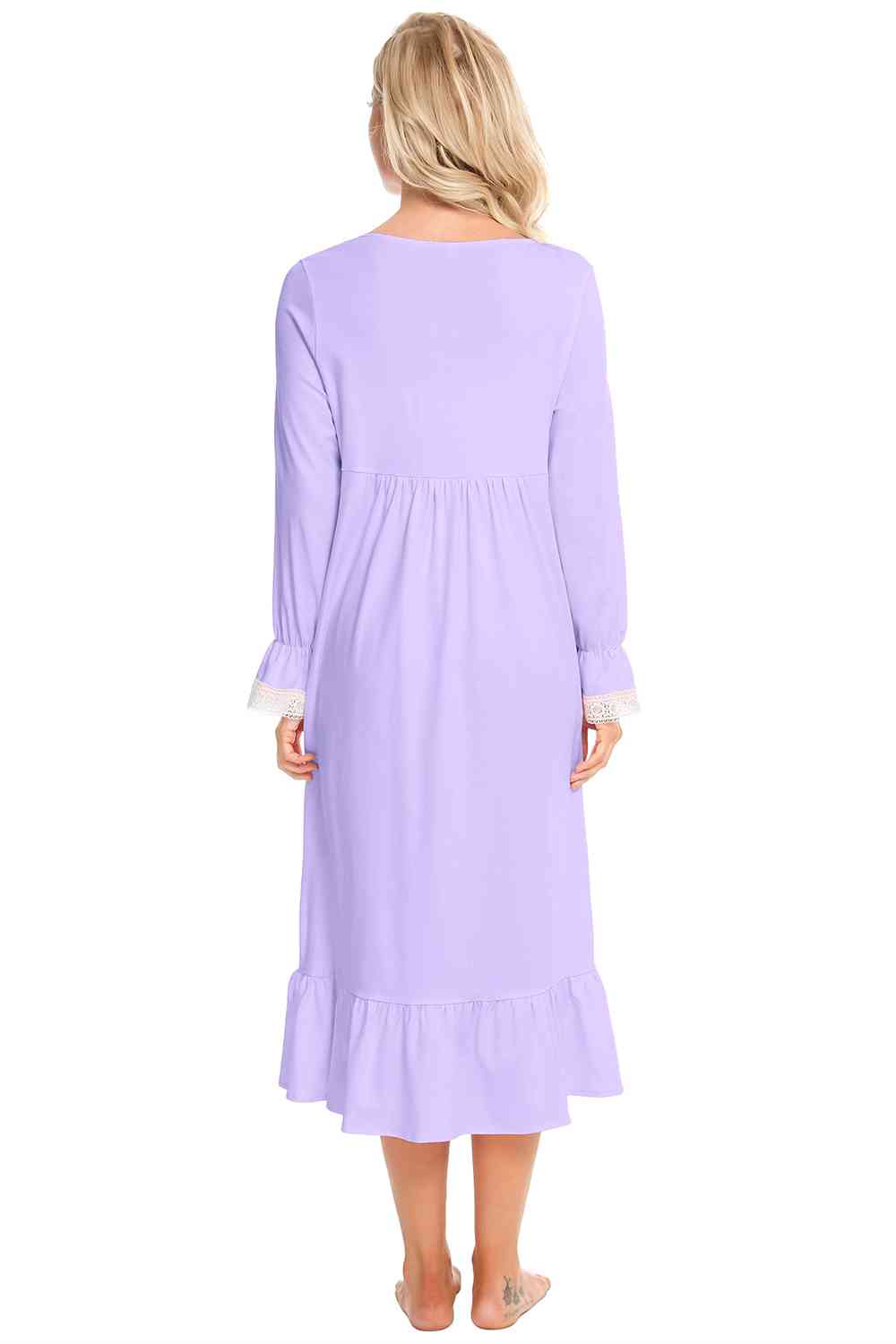 Cotton Pajama Dress Lace Detail Square Neck Flounce Sleeve Night Dress