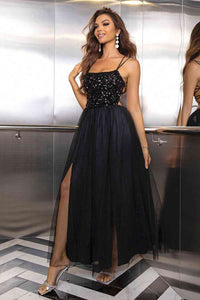 Sequin Maxi Formal Dress Lace-Up Backless Mesh Puff Skirt