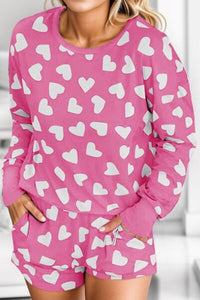 Heart Print Round Neck Top and Shorts Lounge Set Pajama Set Fashion Pajamas