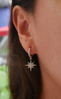 Starburst Earrings, Diamond Pave CZ Star Charm Sterling Silver Huggie Hoop Earrings