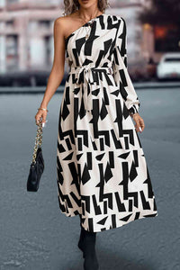 White and Black Printed One-Shoulder Tie Waist Long Dress