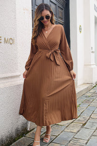 Pleated Long Sleeve Surplice Maxi Midi Dress